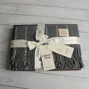 Luna Cashmere Wool Plaid Throw Blanket Made in Italy Gray Off White